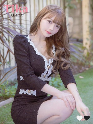  韓国ドレス ミニドレス 袖あり パイピング モノトーン ニット ストレッチ タイト 黒 キャバドレス (黒崎みさ着用) [tk-mdk889-907a]