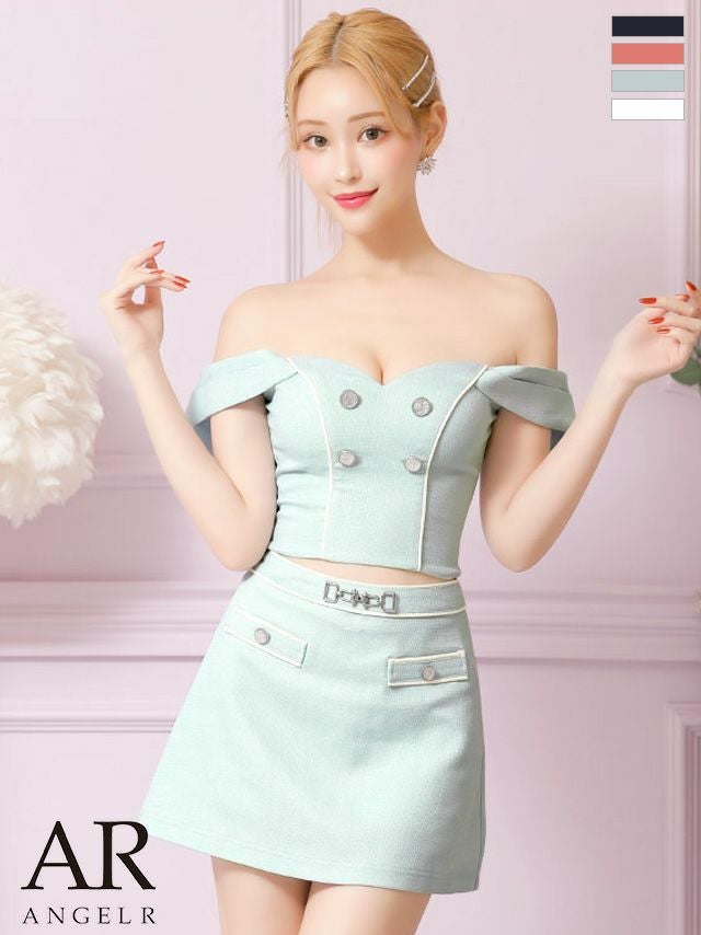 キャバドレス ミニドレス [PURESS/ピュアレス] 高級キャミソールバイカラーチェーンショルダーボタンチャームセットアップ肩あきタイトミニドレス