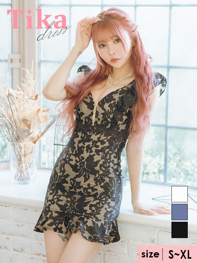 キャバドレス ミニ丈 大きサイズ ワンピース キャバクラ フラワーシフォンノースリーブフリル袖バストジップタイトミニドレス