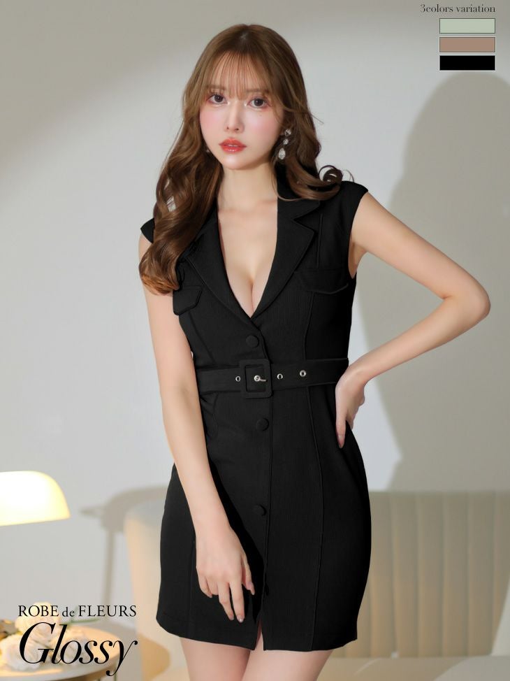 キャバドレス ミニドレス ROBEdeFLEURSGlossy ローブドフルールグロッシー 高級襟付きワンカラーウエストベルトノースリーブタイトミニドレス