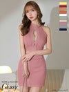 キャバドレス ミニドレス ROBEdeFLEURSGlossy ローブドフルールグロッシー 高級ホルターネックフロントジップワンカラーリブニットセットアップタイトミニドレス