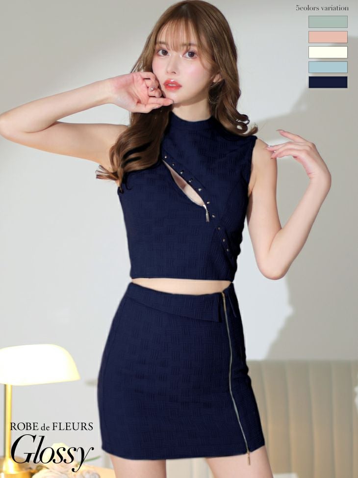 キャバドレス ブランドドレス ROBEdeFLEURSGlossy/ローブドフルールグロッシー] 高級ジップセットアップワンカラーノースリーブハイネックタイトミニドレス