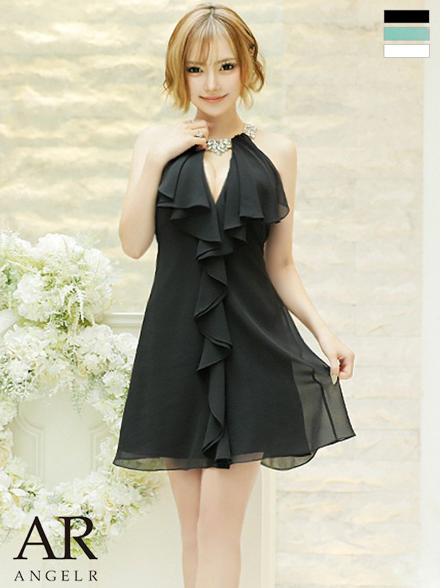 キャバドレス ミニドレス [Angel-R/エンジェルアール] 高級ネックビジュー胸元フリルシフォンフレアミニドレス