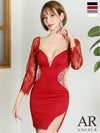 キャバドレス ミニドレス [Angel-R/エンジェルアール] 高級バストシースルーラインビジューフラワーレースサイドカット長袖くびれタイトミニドレス