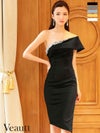 キャバドレス ミニドレス [Veautt/ヴュート] 高級ワンカラーデコルテビジューアシメワンショルダータイト膝丈ドレス