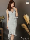 キャバドレス 膝丈ドレス [Veautt/ヴュート] 高級ツイードビジューバストジップアップウエストリボンノースリーブマーメイド膝丈ドレス
