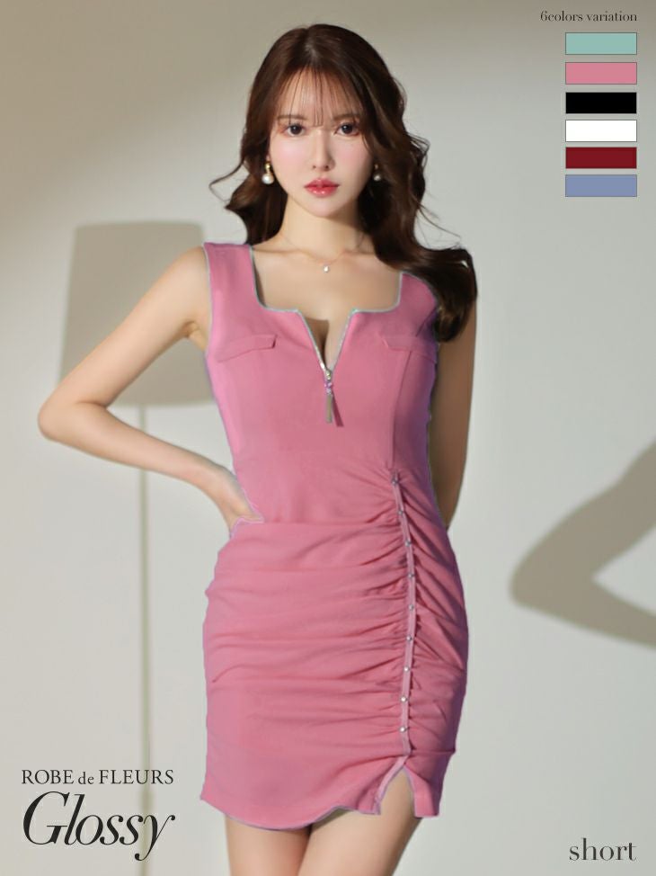 キャバドレス ミニドレス [ROBEdeFLEURSGlossy/ローブドフルールグロッシー] 高級選べる丈！ジッパースタッズノースリーブシンプルタイトミニドレス