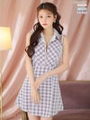 キャバドレス ミニドレス　[ROBEdeFLEURS/ローブドフルール] 高級アメリカンノースリーブツイードチェック柄襟付きフレアミニドレス