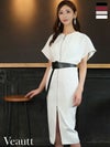 キャバドレス ミニドレス [Veautt/ヴュート] 高級フロントジップウエストタックベルトフレンチスリーブタイト膝丈ドレス