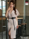 キャバドレス ミニドレス [Veautt/ヴュート] 高級フロントジップウエストタックベルトフレンチスリーブタイト膝丈ドレス