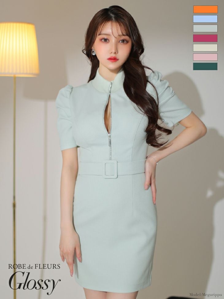 キャバドレス ミニドレス  [ROBEdeFLEURSGlossy/ローブドフルールグロッシー] 高級バストフロントジップパフスリーブツイードウエストベルト半袖タイトミニドレス