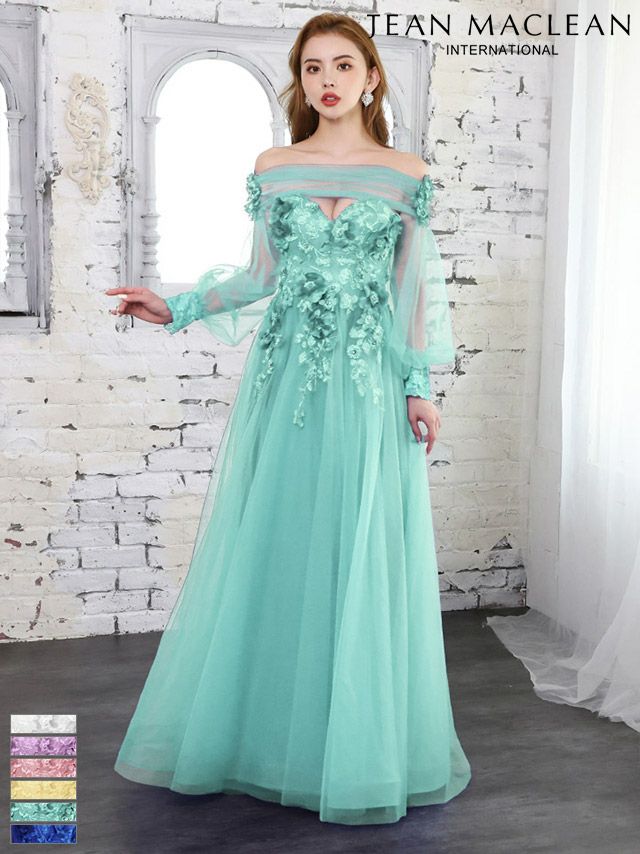 キャバドレス ロングドレス[JEANMACLEAN/ジャンマクレーン] シアー長袖オフショルダー立体フラワービジュー高級ロングバースデードレス