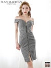 キャバドレス ミニドレス [JEANMACLEAN/ジャンマクレーン] 高級オフショルダーフロントジップ千鳥格子柄タイト膝丈ドレス