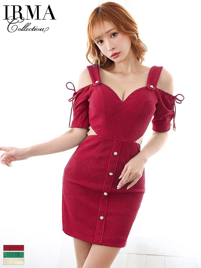 キャバドレス ミニドレス [IRMA/イルマ] 高級肩あきくびれシアー切り替えワッフルストレッチタイトミニドレス