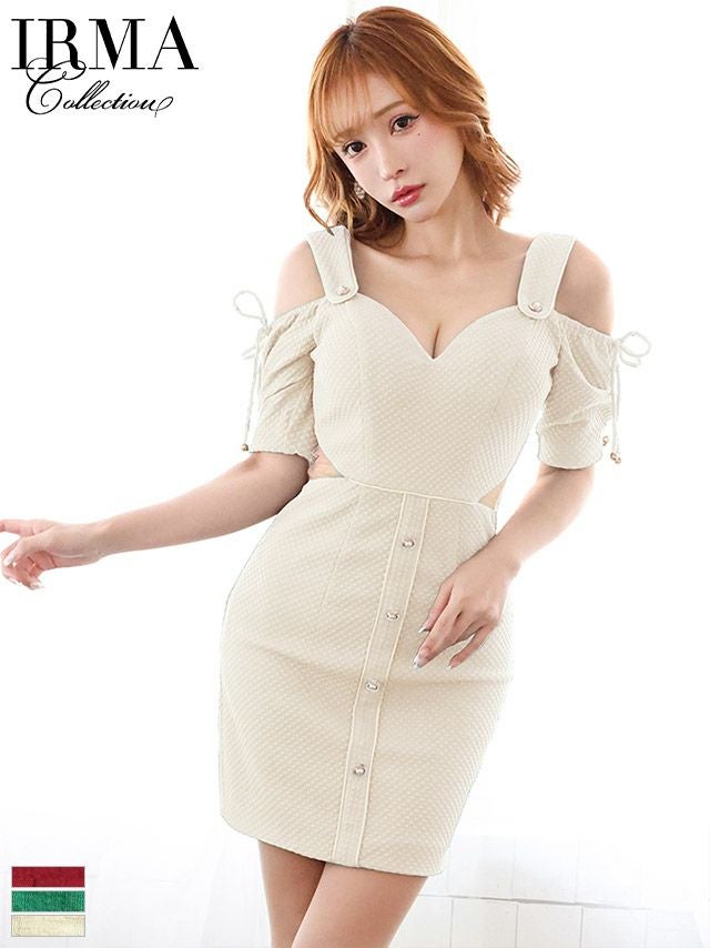 キャバドレス ミニドレス [IRMA/イルマ] 高級肩あきくびれシアー切り替えワッフルストレッチタイトミニドレス