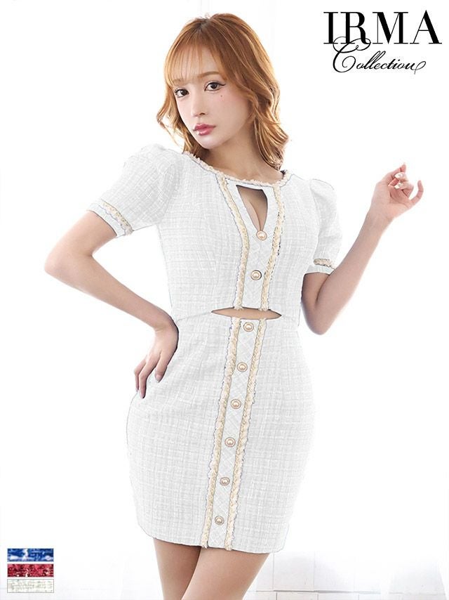 キャバドレス ミニドレス [IRMA/イルマ] 高級袖あり縁取りツイードボタンデザインカットアウトタイトミニドレス