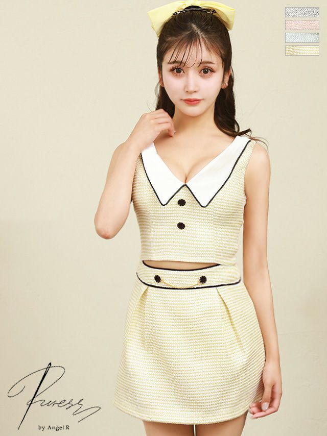 キャバドレス　ミニドレス[PURESS/ピュアレス] 高級ノースリーブベルトセットアップツイードタイトミニドレス