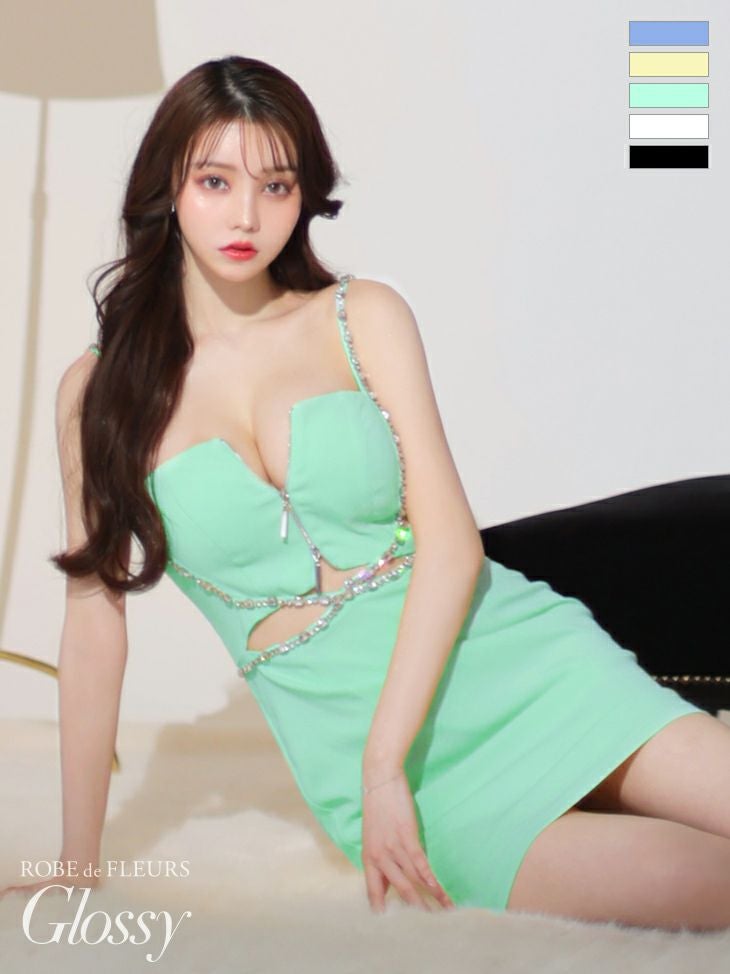 キャバドレス ミニドレス [ROBEdeFLEURSGlossy/ローブドフルールグロッシー] 高級キャミソールウエストカットジップタイトミニドレス