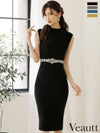 キャバドレス ミニドレス [Veautt/ヴュート] 高級ウエストビジューバックVカットノースリーブ膝丈ワンピースタイトドレス