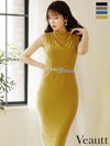 キャバドレス ミニドレス [Veautt/ヴュート] 高級ウエストビジューバックVカットノースリーブ膝丈ワンピースタイトドレス