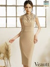 キャバドレス ミニドレス [Veautt/ヴュート] 高級ドレープネックビジュータイト膝丈ドレス