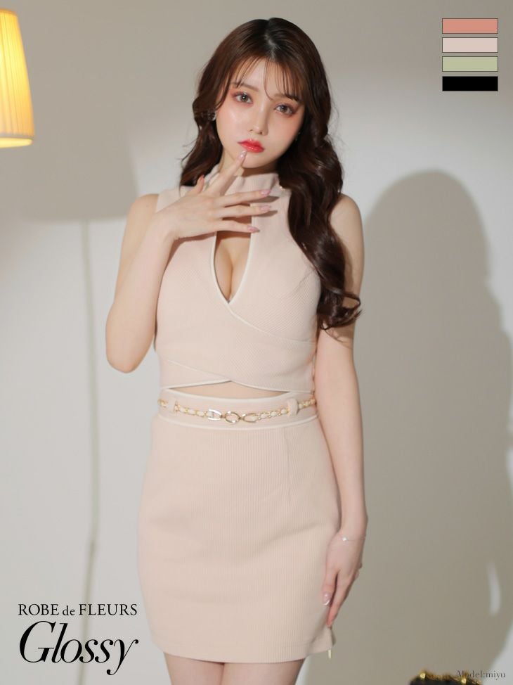 キャバドレス ミニドレス [ROBEdeFLEURSGlossy/ローブドフルールグロッシー] 高級ノースリーブバストカットジップデザインワンカラーセットアップスリットタイトミニドレス