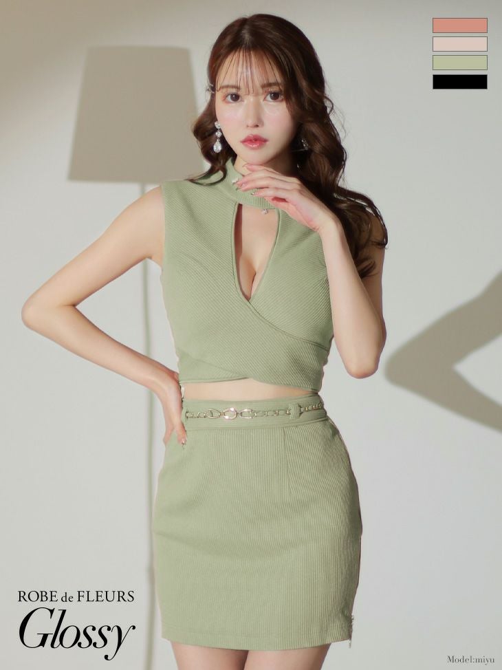 キャバドレス ミニドレス [ROBEdeFLEURSGlossy/ローブドフルールグロッシー] 高級ノースリーブバストカットジップデザインワンカラーセットアップスリットタイトミニドレス