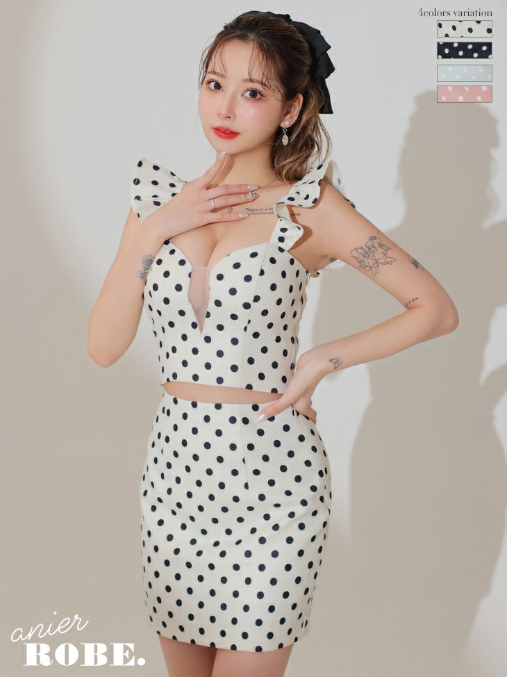 キャバドレス ミニドレス [anier.ROBE/アニエルローブ] 高級キャミソールドット柄スクエアネックフリルセットアップタイトミニドレス