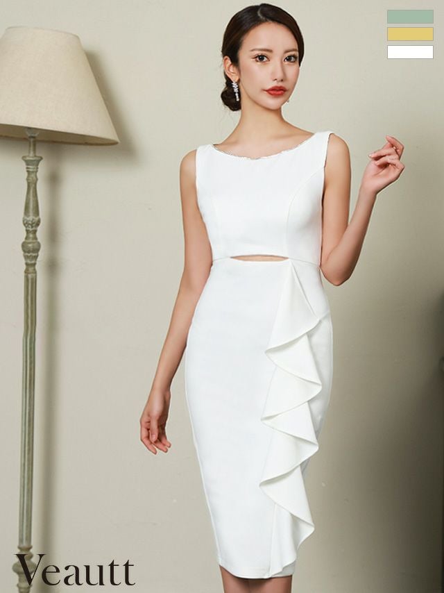 キャバドレス 膝丈ドレス [Veautt/ヴュート] 高級ノースリーブウエストカットビックフリルタイト膝丈ドレス