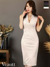 キャバドレス 膝丈ドレス [Veautt/ヴュート] 高級Vネックギャザーサイドジッパービジュー刺繍ノースリーブタイト膝丈ドレス
