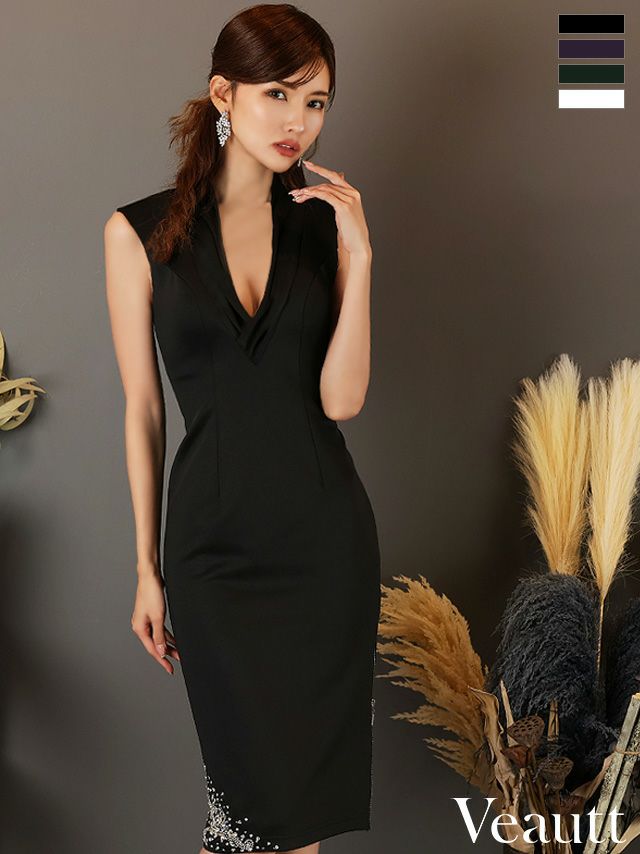 キャバドレス 膝丈ドレス [Veautt/ヴュート] 高級Vネックギャザーサイドジッパービジュー刺繍ノースリーブタイト膝丈ドレス