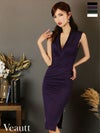 キャバドレス 膝丈ドレス [Veautt/ヴュート] 高級Vネックギャザーサイドジッパービジュー刺繍ノースリーブタイト膝丈ドレス