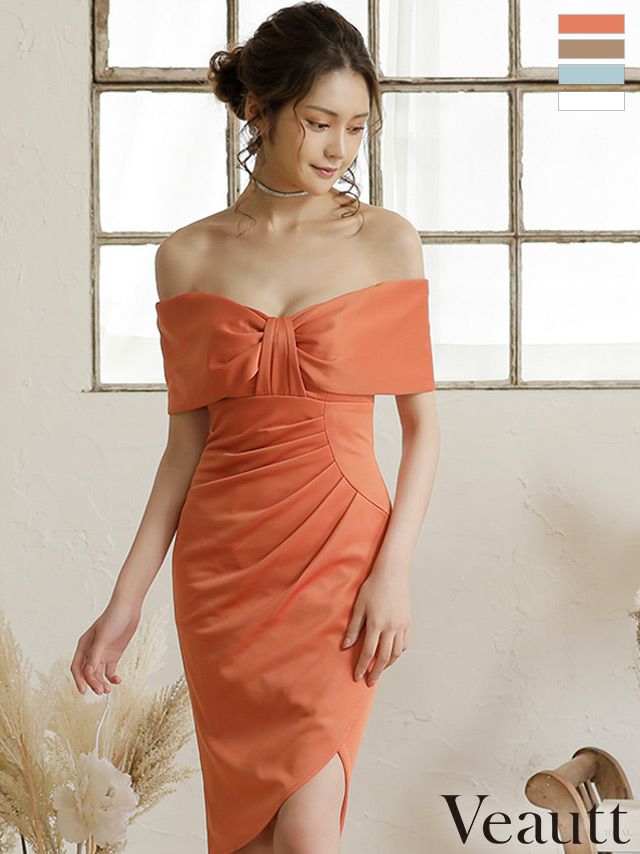 キャバドレス 膝丈ドレス [Veautt/ヴュート] 高級ビッグリボンオフショルダーギャザースリット膝丈タイトドレス