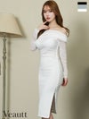 キャバドレス 膝丈ドレス [Veautt/ヴュート] 高級オフショルダースリットジップシースルー長袖膝丈タイトドレス