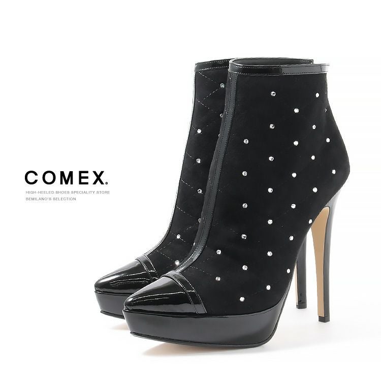 キャバヒール キャバ嬢 靴 ラインストーンキルティングポインテッドトゥショートブーツ