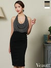 キャバドレス 膝丈ドレス　[Veautt/ヴュート] 高級ホルターネック切り替えスリットジップドレープタイト膝丈ドレス