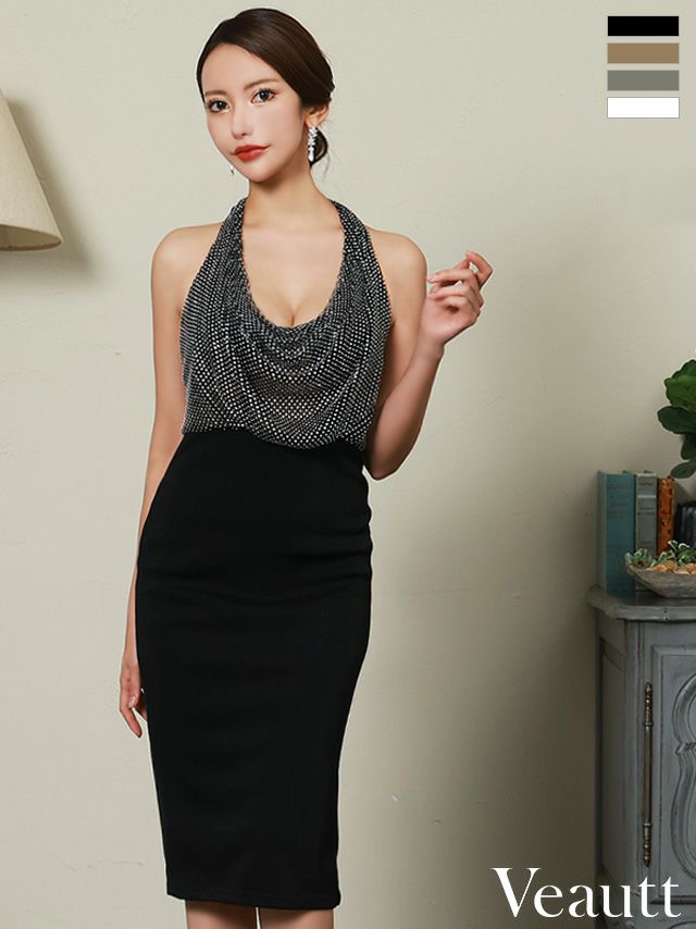 キャバドレス 膝丈ドレス　[Veautt/ヴュート] 高級ホルターネック切り替えスリットジップドレープタイト膝丈ドレス