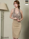 キャバドレス 膝丈ドレス [Veautt/ヴュート] 高級ホルターネック切り替えスリットジップドレープタイト膝丈ドレス