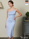 キャバドレス 膝丈ドレス [Veautt/ヴュート] 高級キャミソールアシンメトリーパールウエストベルトスリット膝丈タイトミニドレス