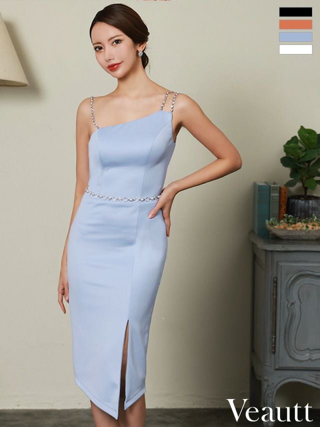 キャバドレス 膝丈ドレス [Veautt/ヴュート] 高級キャミソールアシンメトリーパールウエストベルトスリット膝丈タイトミニドレス