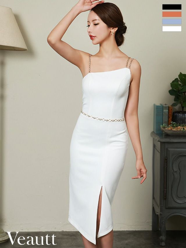 キャバドレス 膝丈ドレス [Veautt/ヴュート] 高級キャミソールアシンメトリーパールウエストベルトスリット膝丈タイトミニドレス