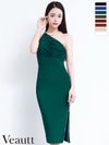 キャバドレス 膝丈ドレス Veautt/ヴュート 高級ネックビジュードレープジップスリットタイト膝丈ドレス