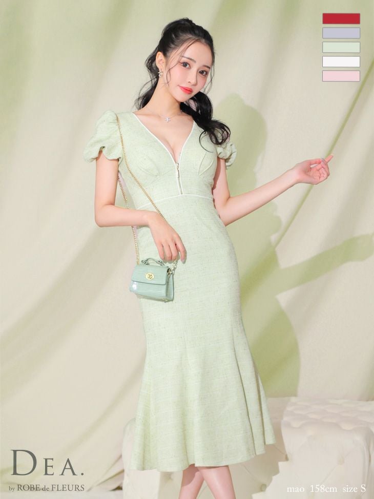 キャバドレス 膝丈ドレス [DEA.byROBEdeFLEURS/ディアバイローブドフルール] 高級フロントジップ半袖パフスリーブ膝丈ワンピースドレス