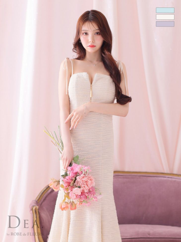 キャバドレス　膝丈ドレス [DEA.byROBEdeFLEURS/ディアバイローブドフルール] 高級リボンキャミソールフロントジップニットツイードフレア膝丈ドレス