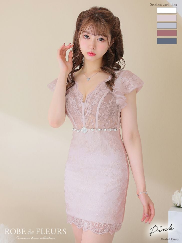 キャバドレス ミニドレス [ROBEdeFLEURS/ローブドフルール] 高級総レースウエストビジューノースリーブ台形フレアドレス