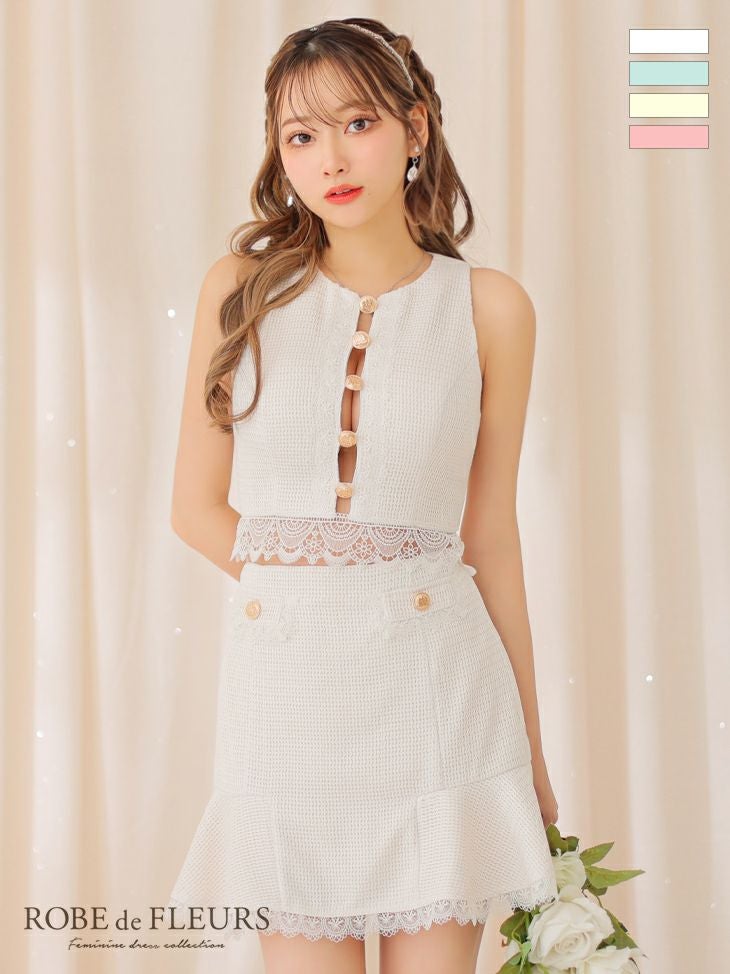 キャバドレス ミニドレス [ROBEdeFLEURS/ローブドフルール] 高級ノースリーブボタンデザインセットアップスカラップレースフレアミニドレス