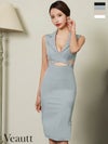 キャバドレス 膝丈ドレス [Veautt/ヴュート] 高級ノースリーブ襟デザインウエストカットベルトジップスリットタイト膝丈ドレス