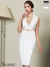 キャバドレス 膝丈ドレス [Veautt/ヴュート] 高級ノースリーブ襟デザインウエストカットベルトジップスリットタイト膝丈ドレス