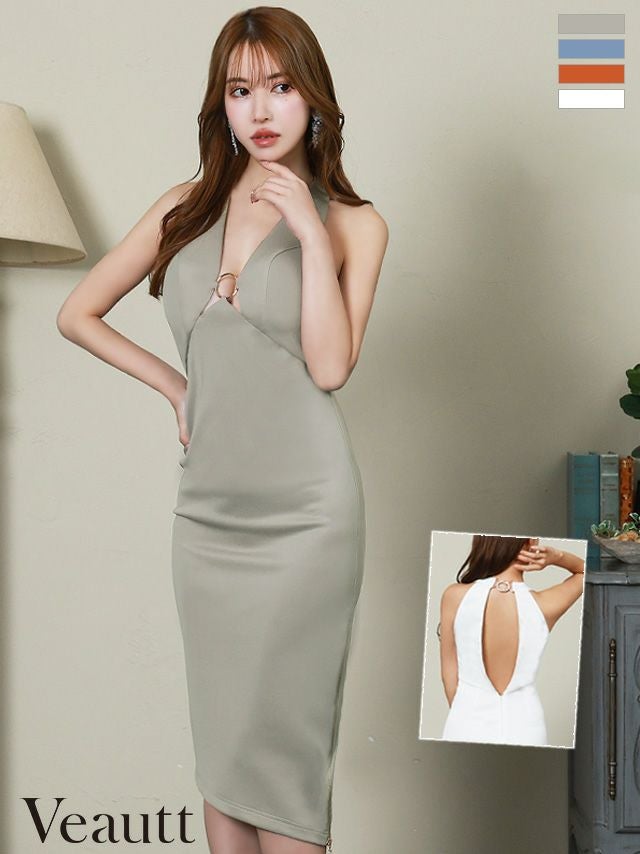 キャバドレス 膝丈ドレス [Veautt/ヴュート] 高級ノースリーブバストリングビジューネックリングジップスリット膝丈タイトドレス