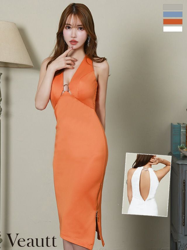 キャバドレス 膝丈ドレス　[Veautt/ヴュート] 高級ノースリーブバストリングビジューネックリングジップスリット膝丈タイトドレス